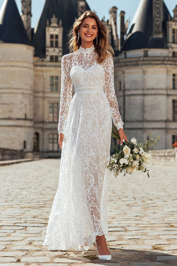 Ivory Sheath Lace Long High Neck Wedding Reception Dress